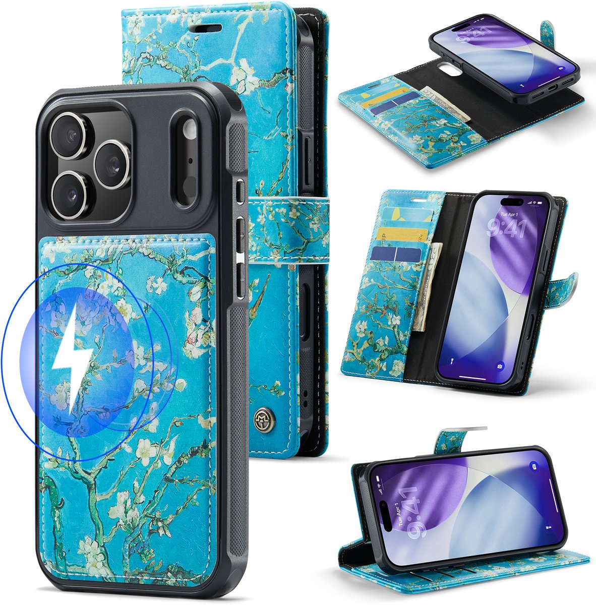 Casemania Hoesje Geschikt voor Apple iPhone 18 Pro - Amandelbloesem Print - Van Gogh - Geschikt voor MagSafe - Kunstleer 2 in 1 Afneembare Bookcase - Magnetische Telefoonhoesje met Kunst Print en Pasjeshouder