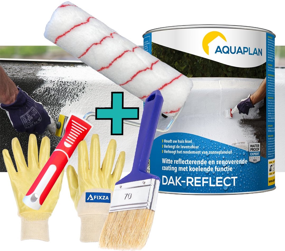 AQUAPLAN Dak-Reflect – set – Witte Reflecterende Dakcoating voor Platte en Hellende Daken – UV-Reflecterend – Verhoogt Rendement Zonnepanelen – Renoveert Bitumen Dakbedekking – 2 l