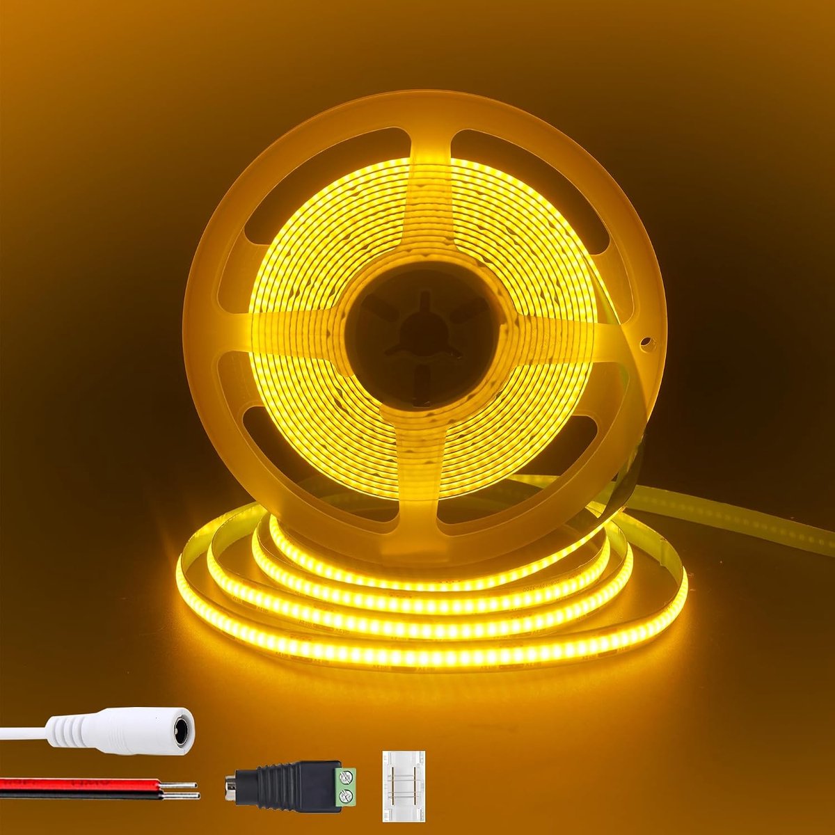 12V COB LED strip lamp, 6. 56ft /2M (zonder voeding), oranje, 320led /M, 5521DC bus en rood met zwarte draad connector, 8mm breed, IP20, voor doe-het-zelf interieur