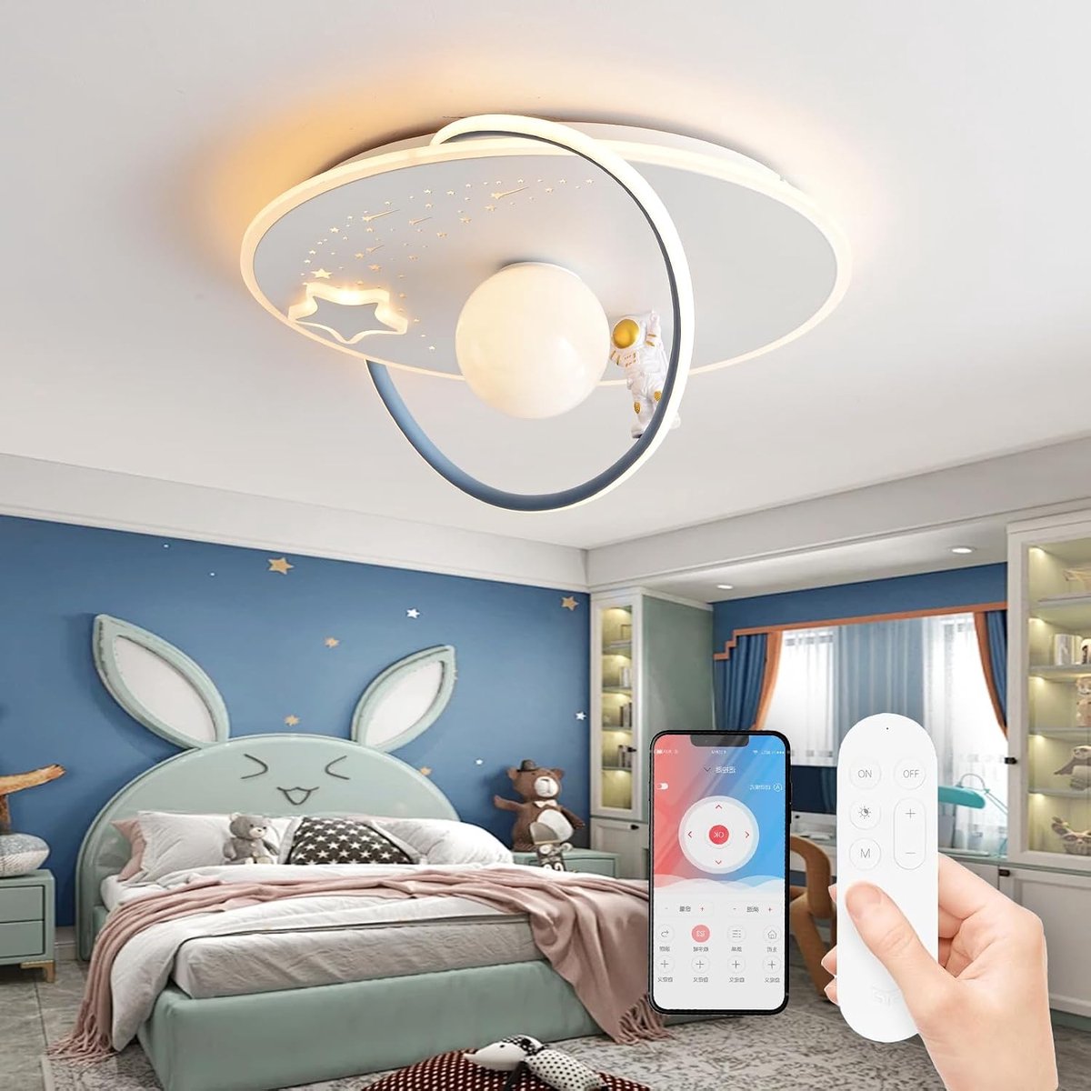 Dimbare Plafondlamp, Astronaut plafondlamp Modern Cartoon Kinderkamer Plafondlicht met afstandsbediening, Kinderkamer Slaapkamer Woonkamer Plafondverlichting Binnenverlichting