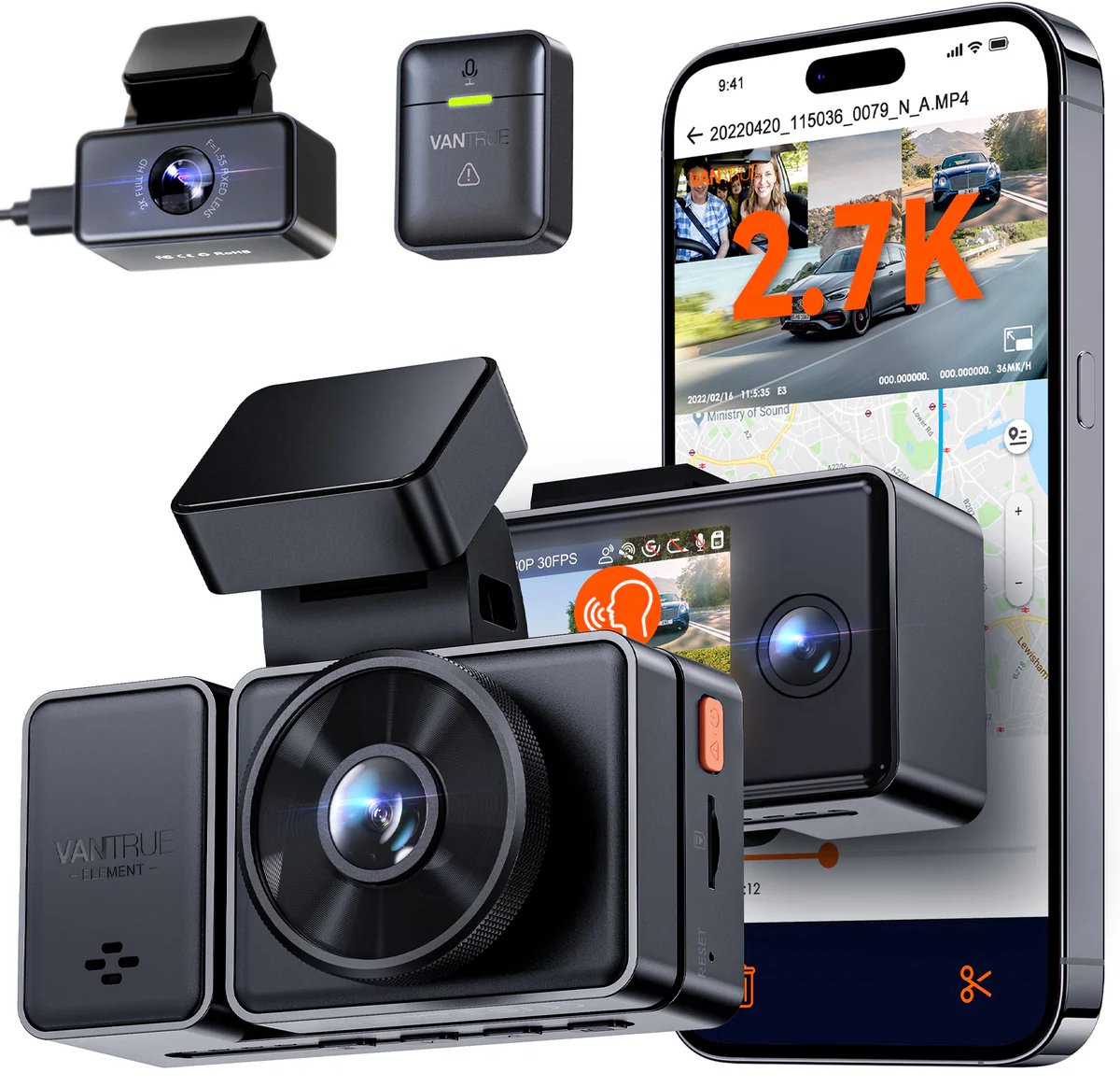 VANTRUE E3 3-kanaals 2.7K WiFi-dashcam – met GPS, spraakbesturing, STARVIS-sensor, infrarood nachtzicht, 24-uurs gebufferde parkeermodus, 3-weg opname (1944P + 1080P + 1080P) voor en achter, ondersteunt max. 512GB thumbnail 2