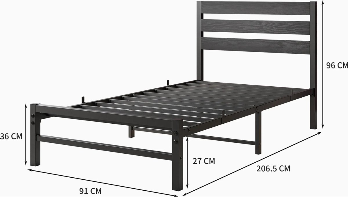 WUVRIE Metalen bedframe 90x200 cm met MDF-hoofdbord en lattenbodem, zwart