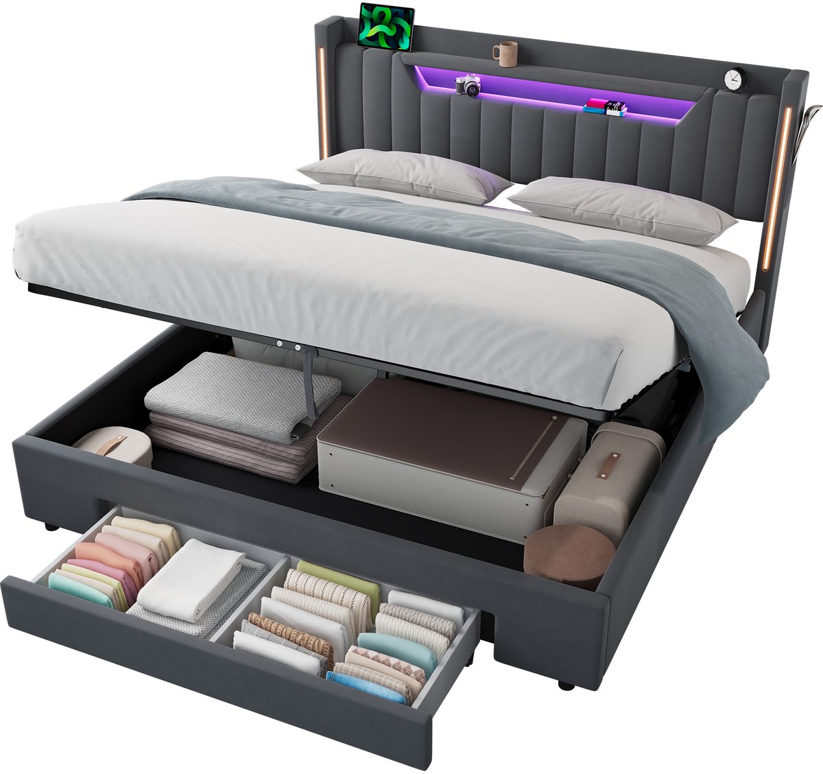 WUVRIE LED tweepersoonsbed 160x200 cm met opberglade, hydraulische bergruimte en fluwelen hoofdbord, donkergrijs