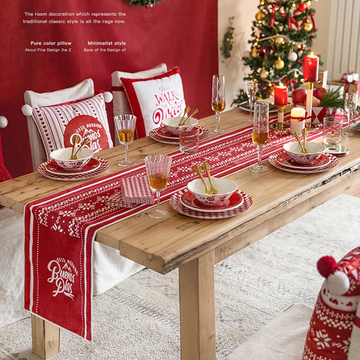 Tafelloper Kerstmis, rood kersttafelkleed met sneeuwvlokpatroon, kersttafeldecoratie, kersttafelkleed, voor eetkamer, feest, vakantie, decoratie (183 x 33 cm)