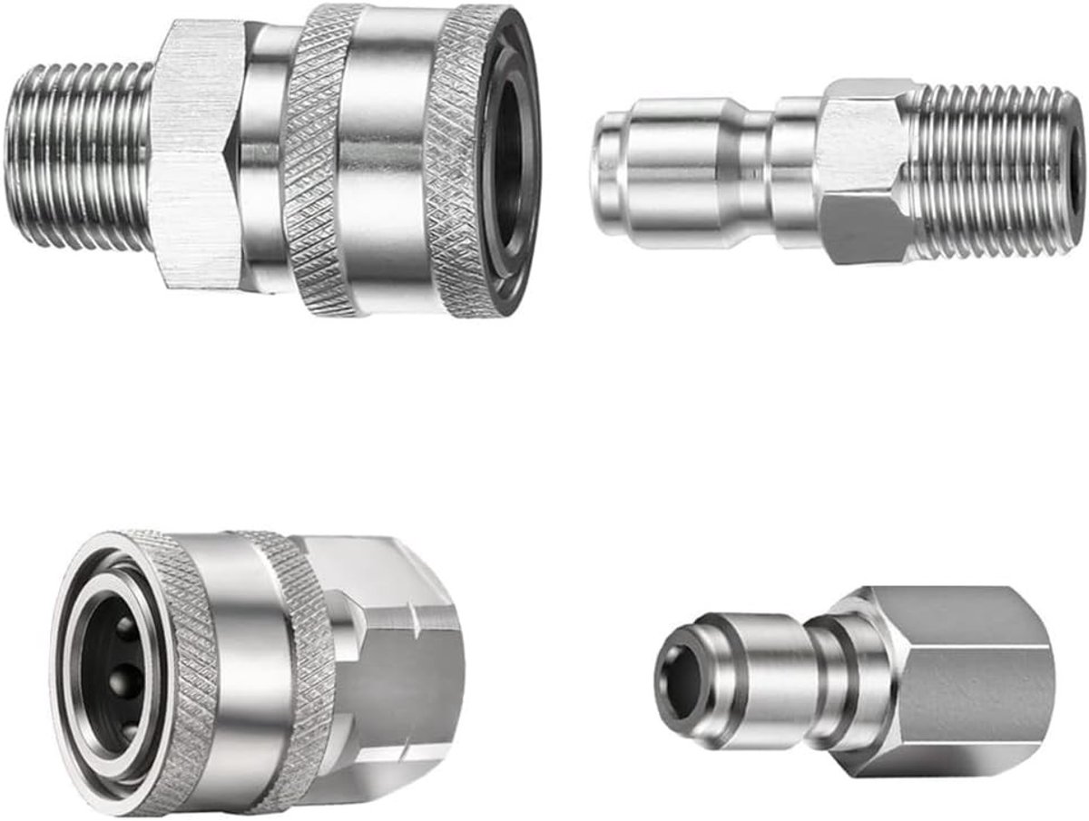 1/4 inch RVS plug en socket set, snelkoppeling kit voor hogedrukreiniger, adapter set met 4 stuks, duurzame quick connect fitting, mannelijke en vrouwelijke aansluitingen