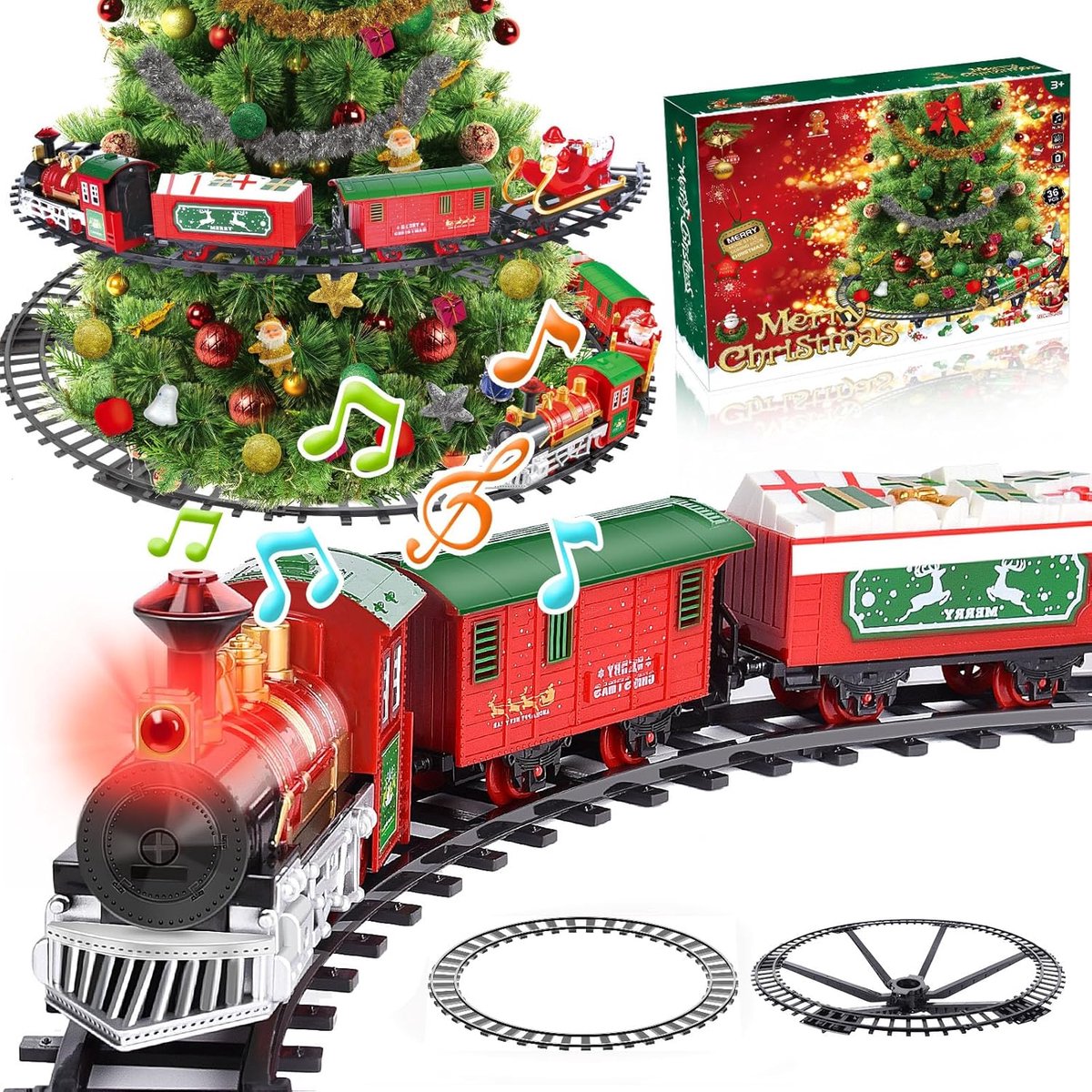 Trein voor kerstboom, spoorweg in de kerstboom, elektrische spoorweg voor kinderen, elektrische kerstboom trein speelgoed, cadeau voor kinderen vanaf 6 7 8 10 jaar (in de bomen)
