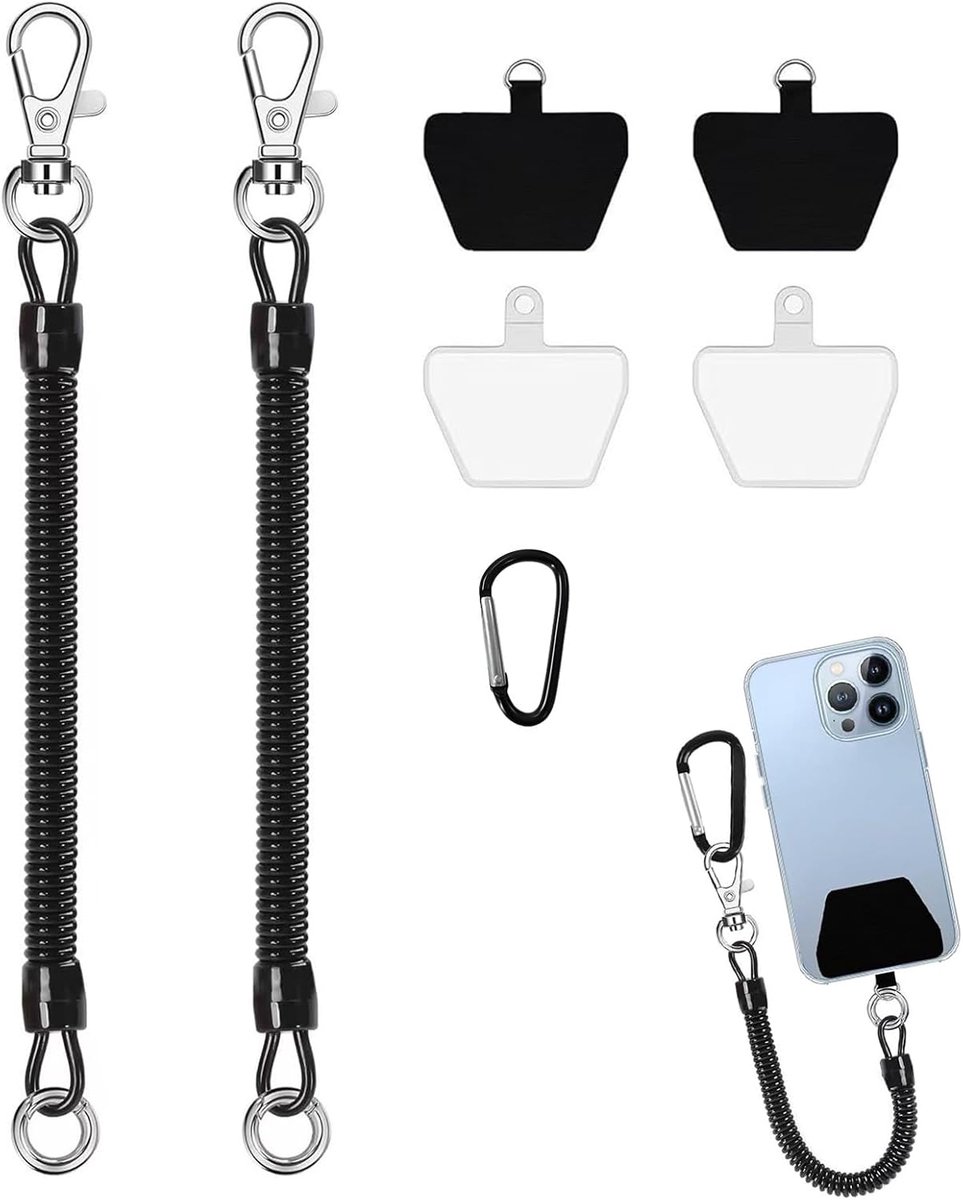 2 telefoonkoorden, anti-diefstal, uittrekbaar, spiraalkoord, 15-90 cm, met 4 sluitringen en 1 karabijnhaak, veiligheidsband voor smartphone, sleutels, badge, sport, reizen