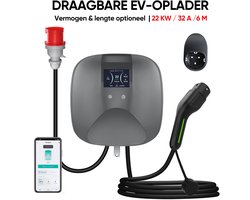 Cestovet Wallbox - Laadpaal 22kW 32A 3-Fase - Type 2 Vaste Kabel 6m - Met APP & Type B Aardlekschakelaar - Grijs