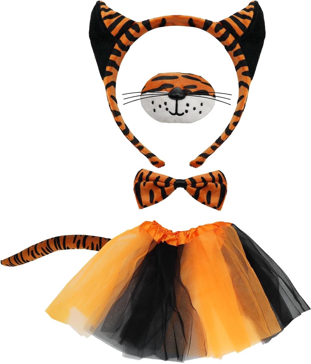 5-delige tijgerkostuumset, Wereldboeken dag voor kinderen, dierenverkleedfeest, hoofdband met oren, neus, staart, vlinderdas, tuturok, accessoireset voor tijgerkostuum voor carnaval, n kerstfeest