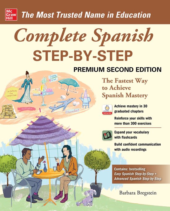 Boekomslag van 'Complete Spanish STEP-BY-STEP, Premium Second Edition'. Een illustratie toont twee mensen aan een tafel onder een paarse parasol, met een vliegtuig, zon en regenwolk in de lucht.
