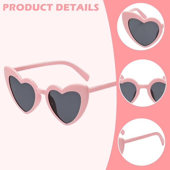 Zonnebrillen, vintage hart-zonnebrillen, trendy bril voor dames en heren, hartzonnebrilset, retrobril voor bruiloft, vakantie, feest, outdoor en fotoshoot, roze — afbeelding 3