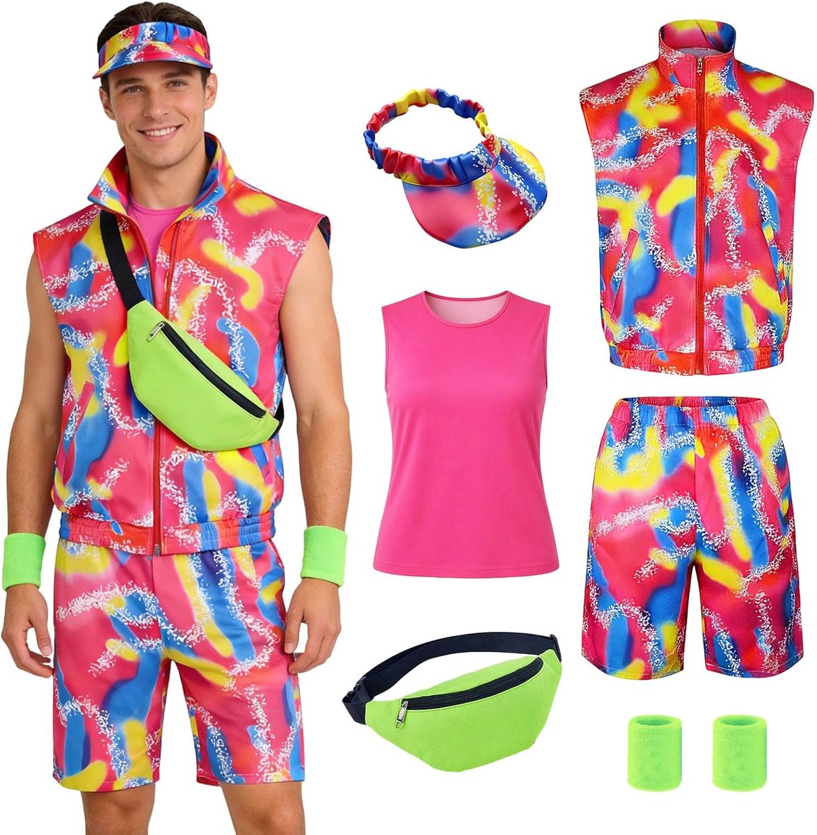 Jaren 80-Outfit Voor Heren, Jaren 80-Kostuum, Vest, Sportjack En Shorts, Zonneklep, Hoed, Buiktas, Polsbanden, Accessoires Voor Carnaval, Halloween, Cosplay Kleding