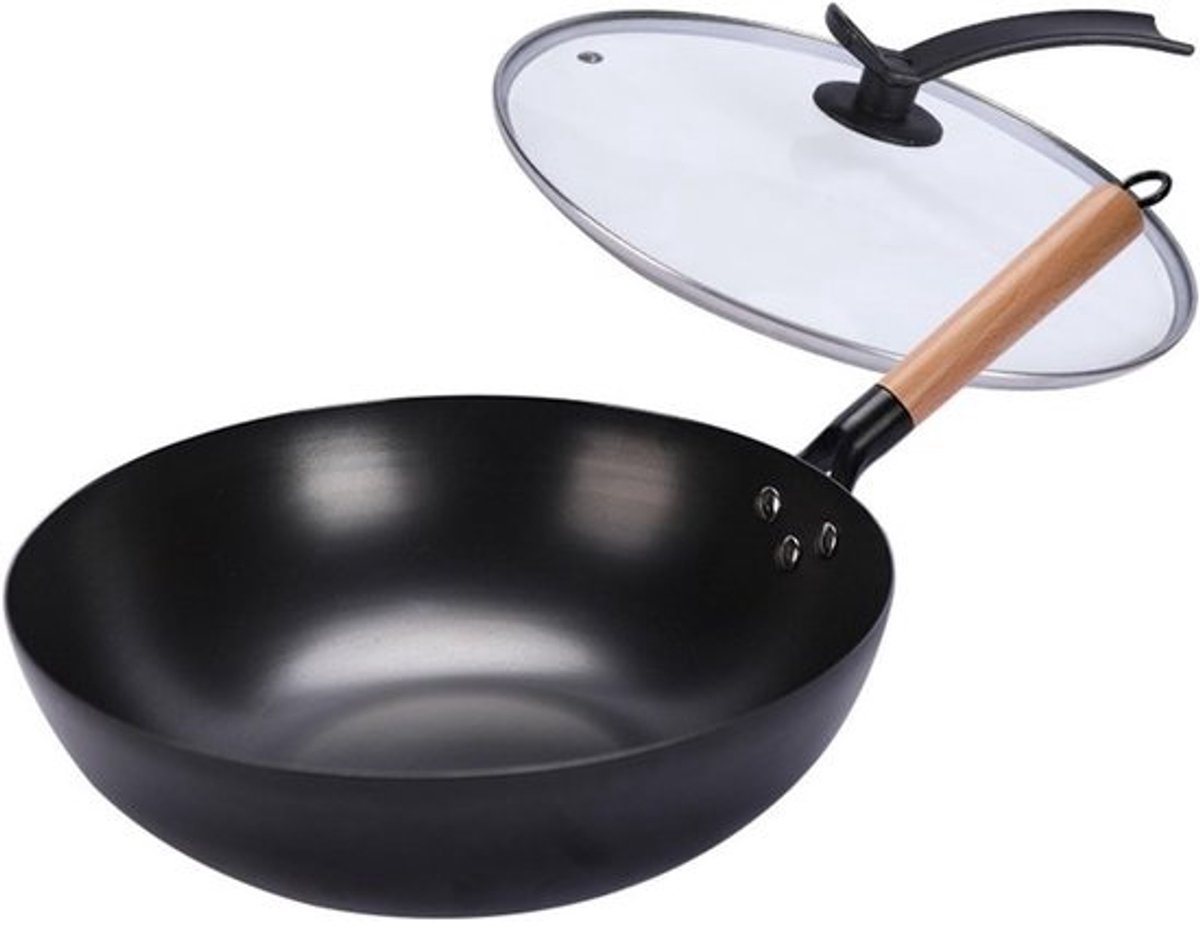Wokpan Platte Bodem - Roerbakpan IJzer - Traditioneel Koken - Antiaanbaklaag - 32CM Diameter - Zwart