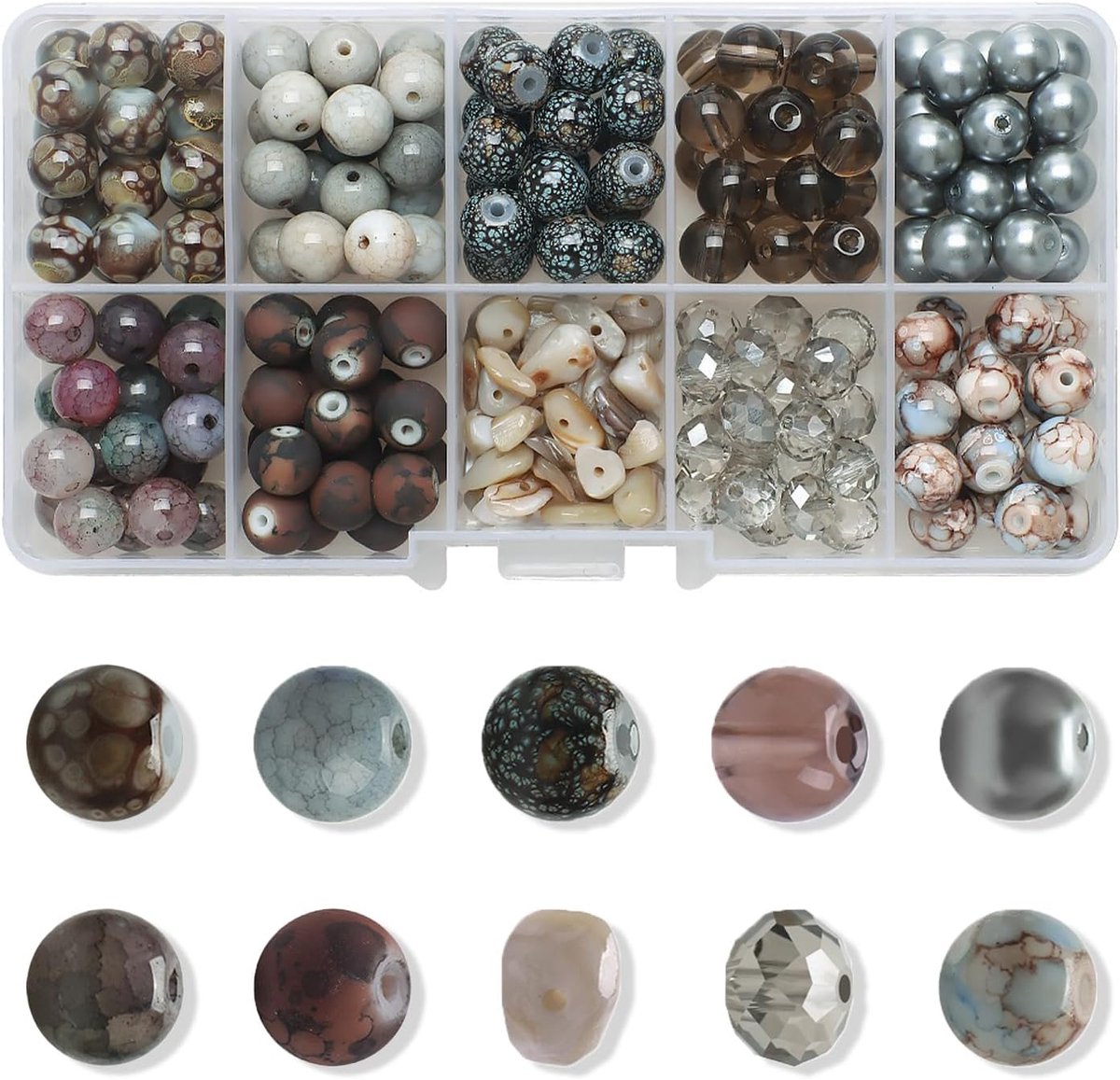 edelstenen, 200 stuks, crackle glazen kralen om te knutselen, gemengde kralen voor het maken van armbanden, halskettingen, sieraden en doe-het-zelf werk (grijze serie)