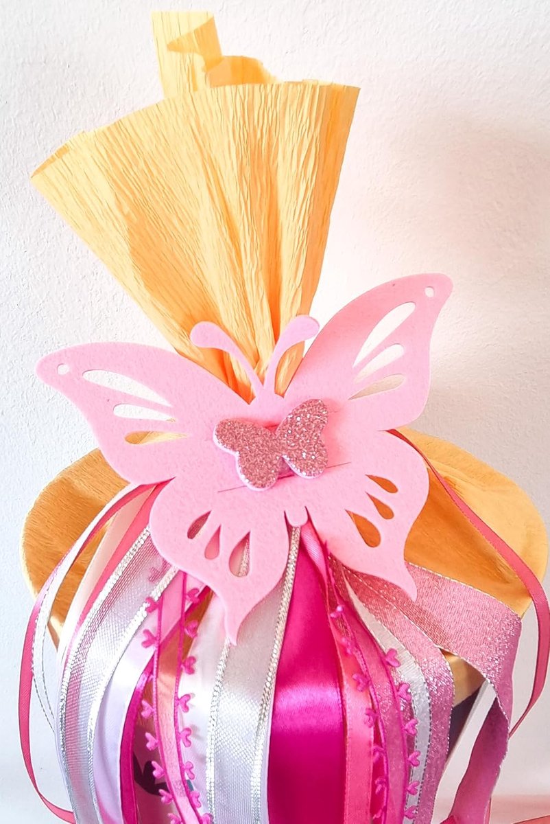 Vilten strik, 55 cm x 14 cm, vlinder met naamplaatje, schoolzakje, strik, geschenkstrik, eerste schooldag en uniek met designbescherming (glitter roze-zilver)