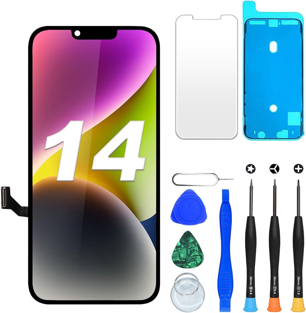 LCD voor iPhone 14 display scherm vervanging, 6,1 inch scherm met Truetone, Face ID & 3D Touch, vervangend display met reparatieset voor iPhone 14