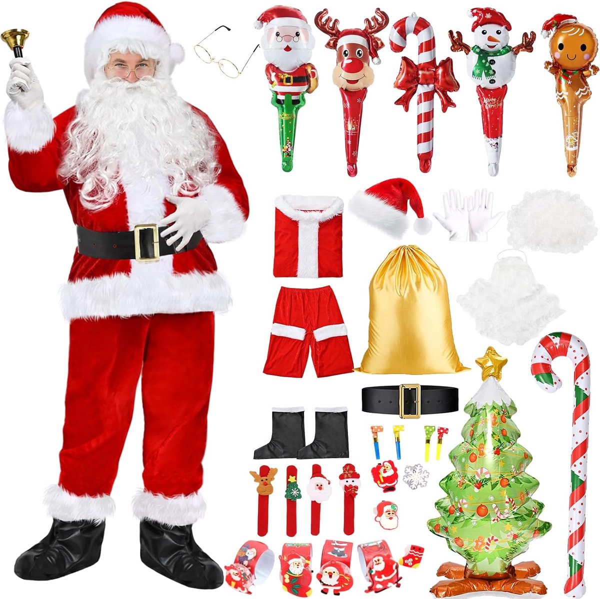 Kerstmankostuum voor heren, kerstmankostuum set met kerstzak en kerstcadeauset, kerstkostuum voor Kerstmis, party, cosplay