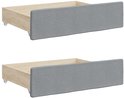 Set van twee lades met een houten frame en een grijs stoffen front, op wieltjes.