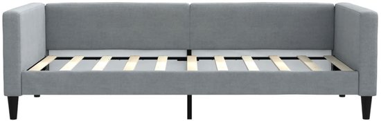Grijze slaapbank met open bedframe en zwarte pootjes.