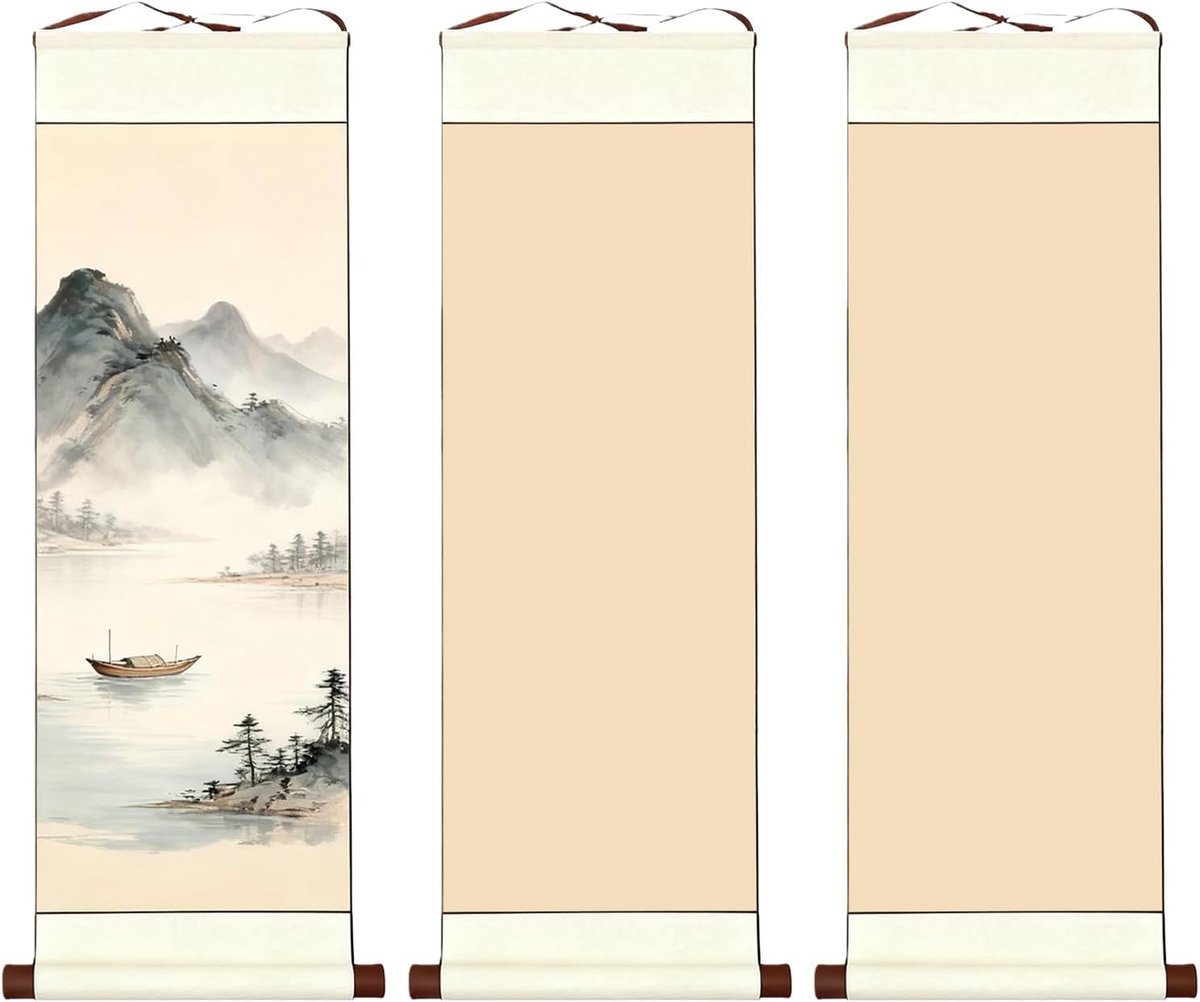3 stuks Chinese rol kalligrafie leeg hangen: 80 x 30 cm rol kalligrafie, blanco papierrollen met houten staven voor kalligrafie en inktschilderij (goud)