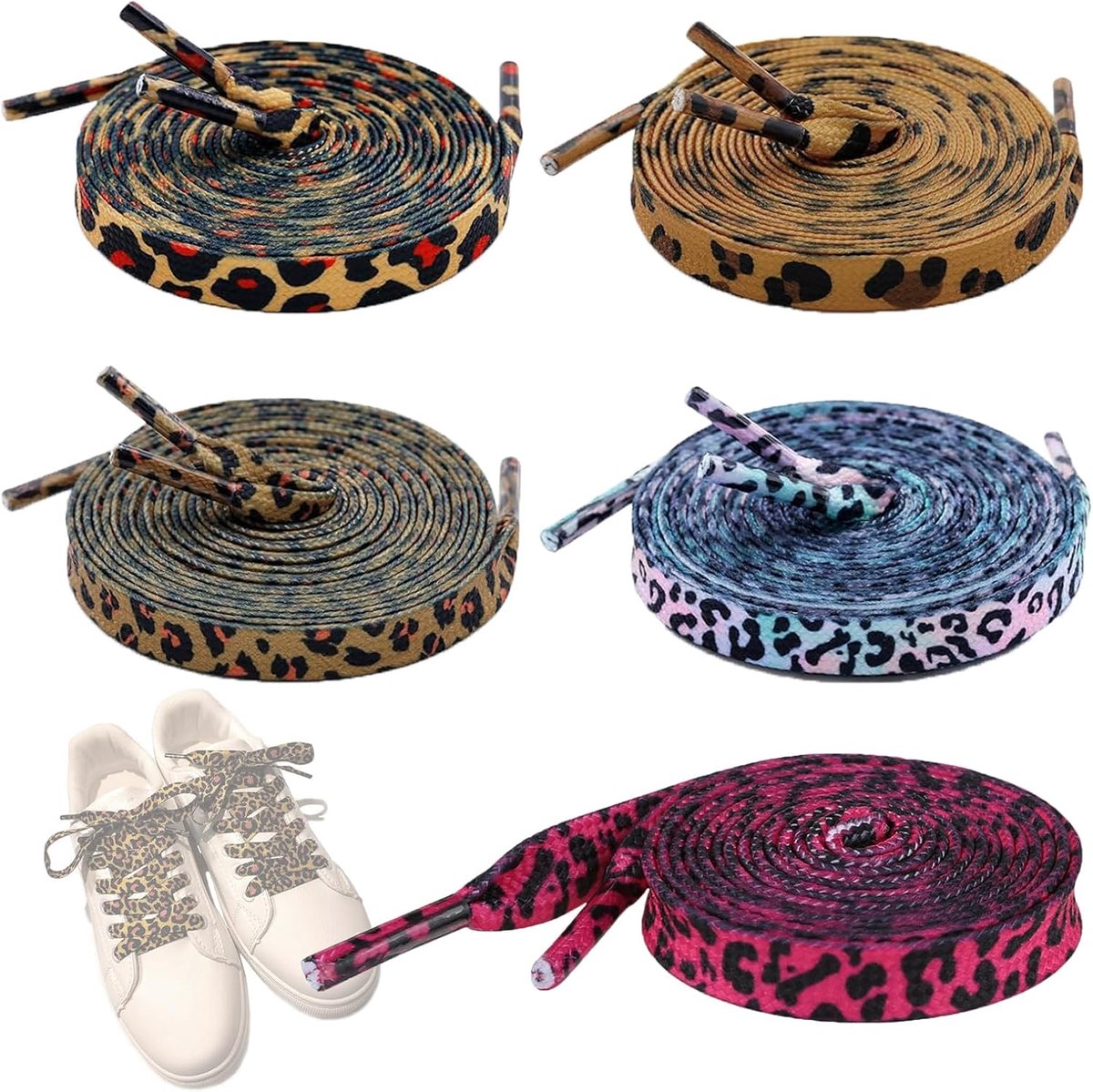 Schoenveters, platte en dunne veters met luipaardprint