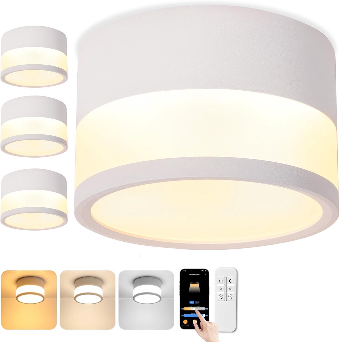 4 x led-opbouwspot, dimbaar, IP65 plafondlamp, opbouw met afstandsbediening, app, 12 W, plafondspots, wit, 2700 K-6500 K, opbouwspot, plat, aluminium, 230 V, plafondlamp, rond, badkamerlamp, Ø