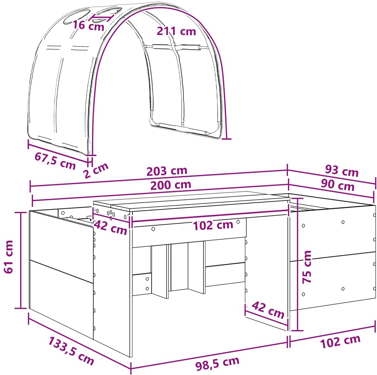 vidaXL Bed - met - Tunnel - 3 - st - Sonoma - eiken - en - rood - Bewerkt - hout Sonoma eiken en rood