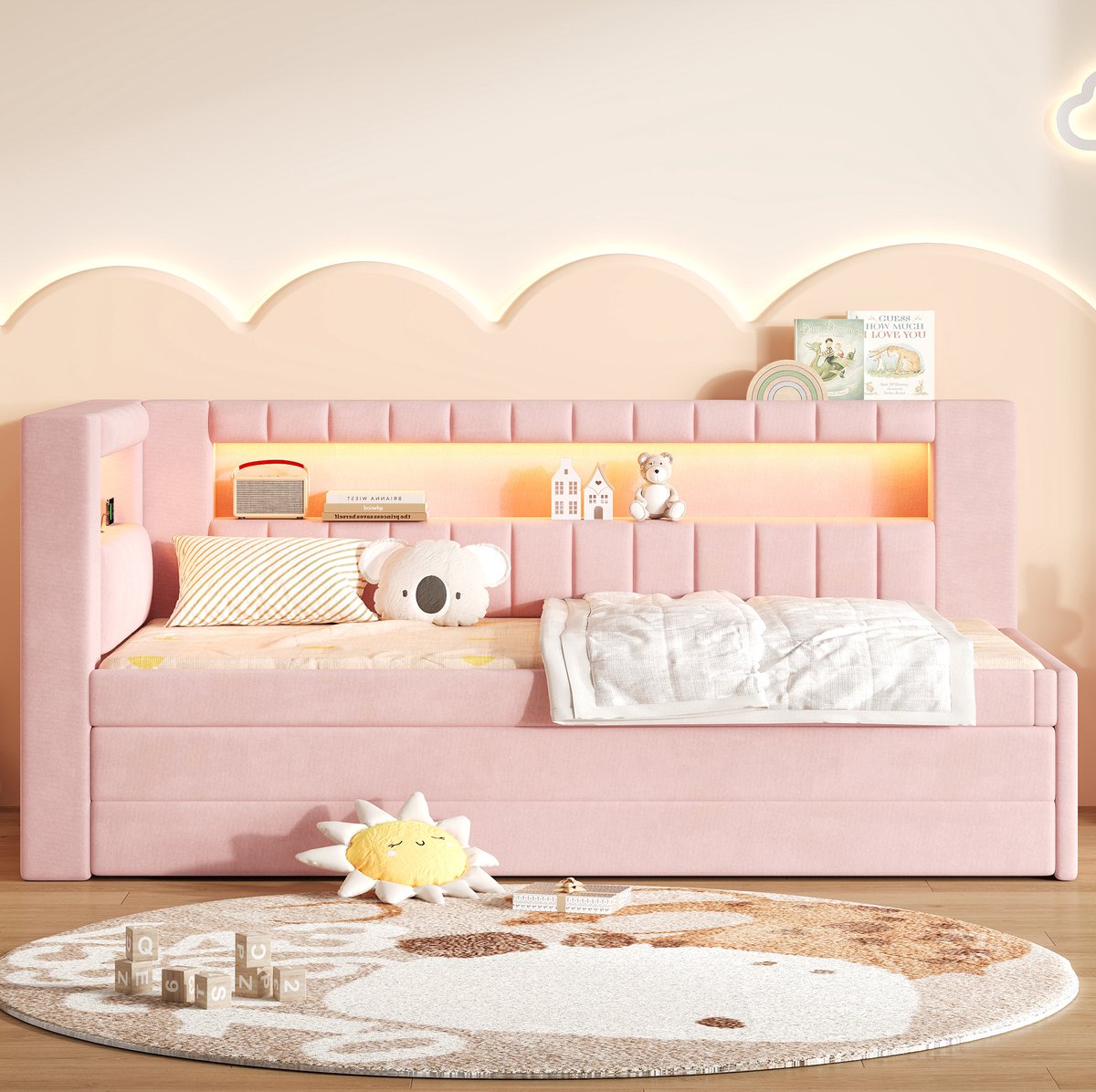 FloraGrace Bedbank 90x200 cm - LED Verlichting en USB Aansluitingen - Uitschuifbed met 3 Lades - Gestoffeerd MDF - Zonder Matras - Roze