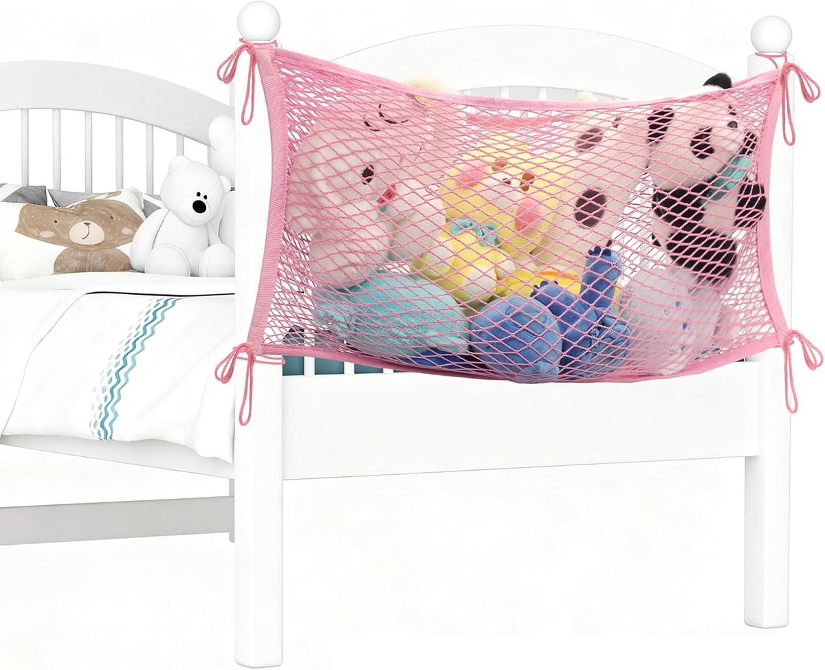 Opbergnet voor knuffeldieren voor kinderen, zachte knuffelige speelgoedorganizer voor naast het bed, hangend katoenen net met touw voor slaapkamer (roze, 1 stuks)