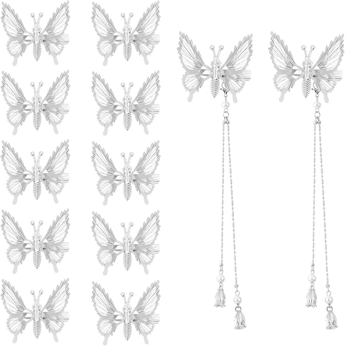 Haarspelden vlinders met kwast voor dames, 12 stuks metalen vlinderhaarspelden, 3D-vlinderhaaraccessoires, kleine haarclips, haaraccessoires voor vrouwen, meisjes, bruid bruiloft (zilver)