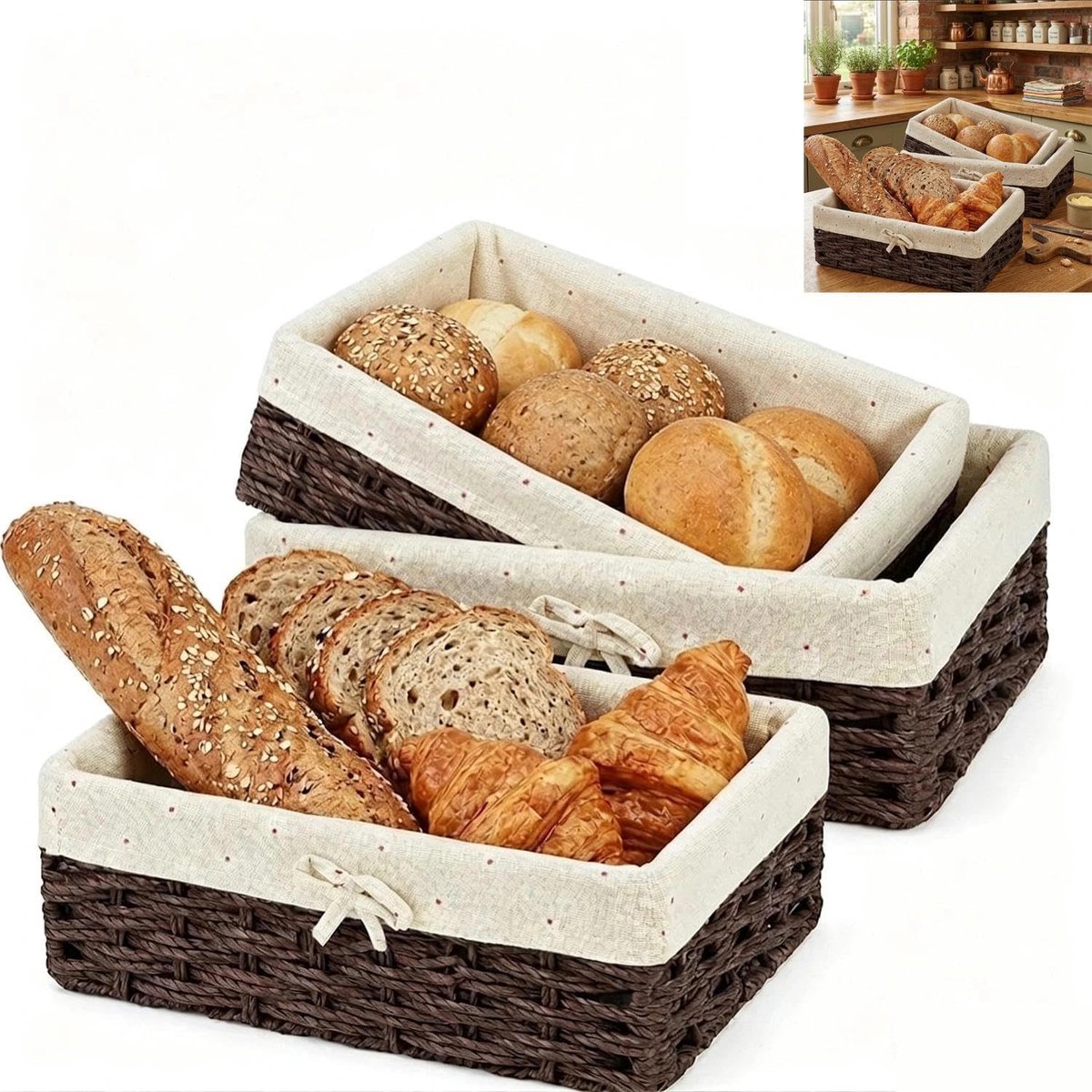 3-delige broodmandenset van gevlochten papier touw met katoenen voering, decoratieve opbergmanden voor desserts, brood, woonkamer, bruin en keukenlade
