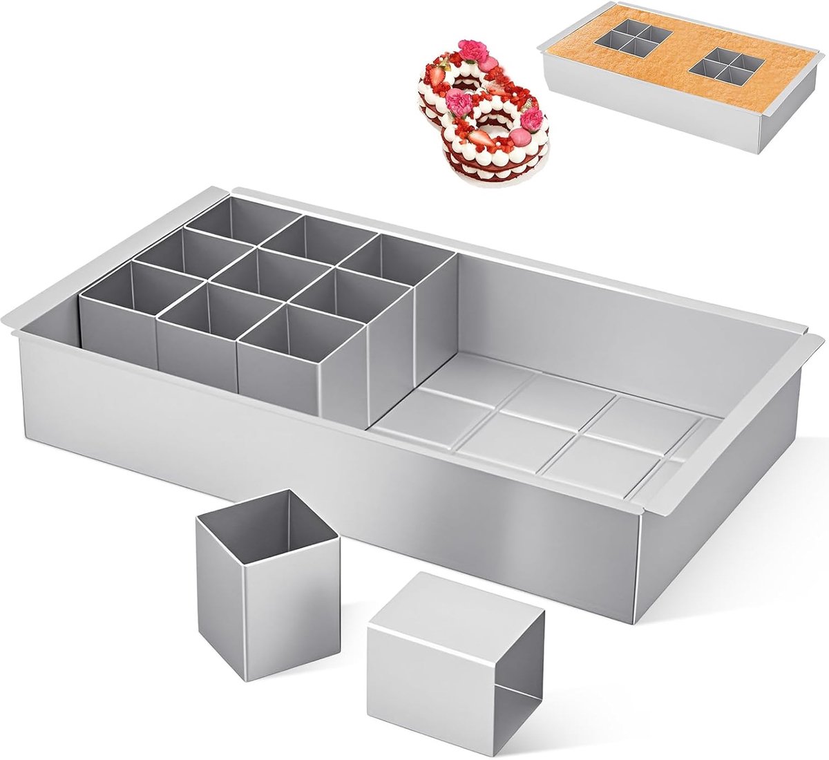 Taartvorm met cijfers en 12 uitneembare verstelbare bakvormen van aluminium, rechthoekig, groot, anti-aanbak-bakgereedschap voor verjaardag, bruiloft, feest, huis, banketbakkerij