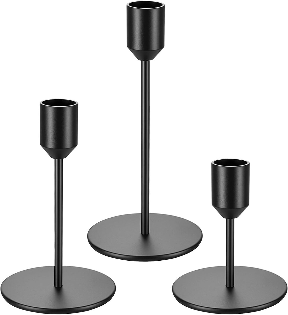 Set van 3 zwarte kandelaarhouders voor taperkaarsen, zwarte kandelaars, metalen hoge taperkaarshouderstandaards voor woondecoratie bruiloftsfeest tafel middelpunt decoratie (kegelstijl)