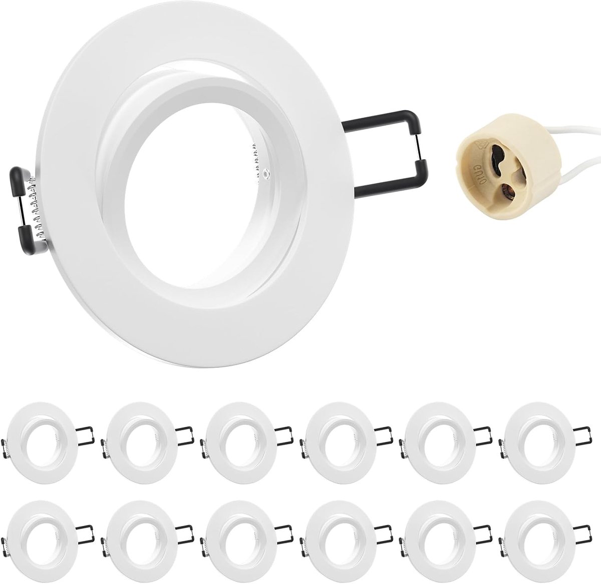 12 x inbouwspot, GU10, aluminium, draaibaar, wit, inbouwspot, montageframe met GU10-fitting, ronde plafondspot 68 mm, extra plat, voor led, montagegat Ø 60-75 mm