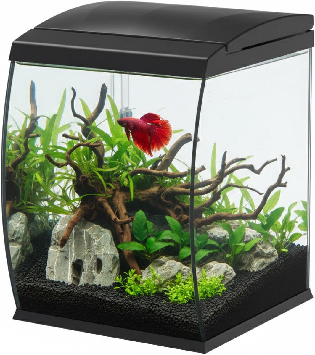Curve Aquarium gebogen glas, 35 l, met geïntegreerd bovenste filter en 6 W led, design bureau aquarium met pomp en deksel voor automatische voerdispenser (zwart)