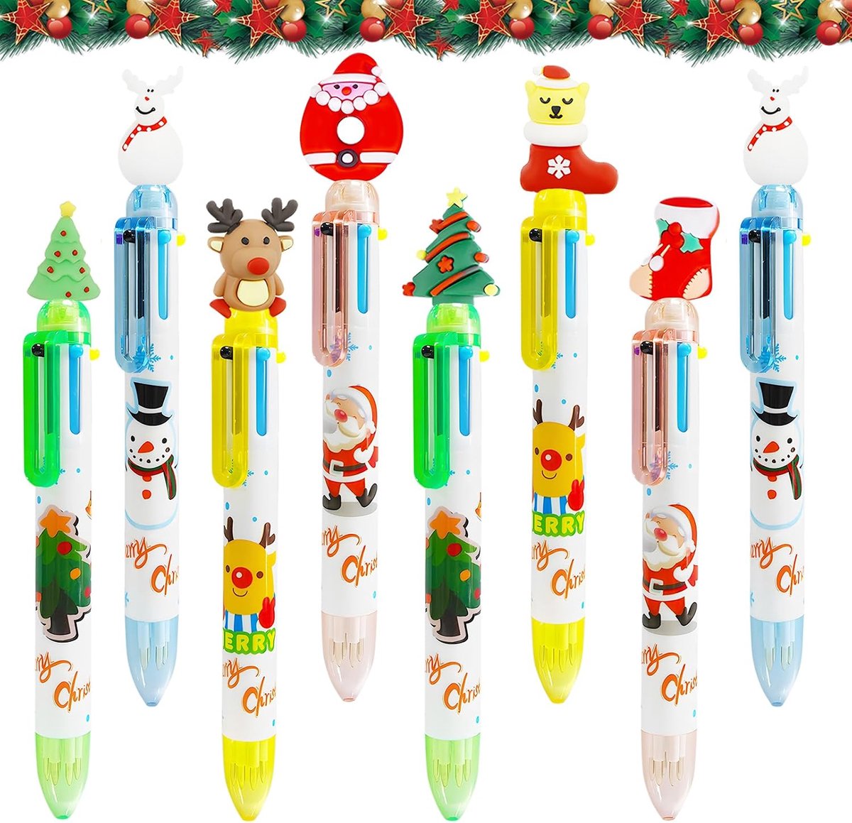 Balpennen 8-pack, intrekbare balpennen 6-in-1, veelkleurige pennen, intrekbare balpennen, kerstboom, sneeuwpop, kerstman, rendier, markeerstift, willekeurige stijl