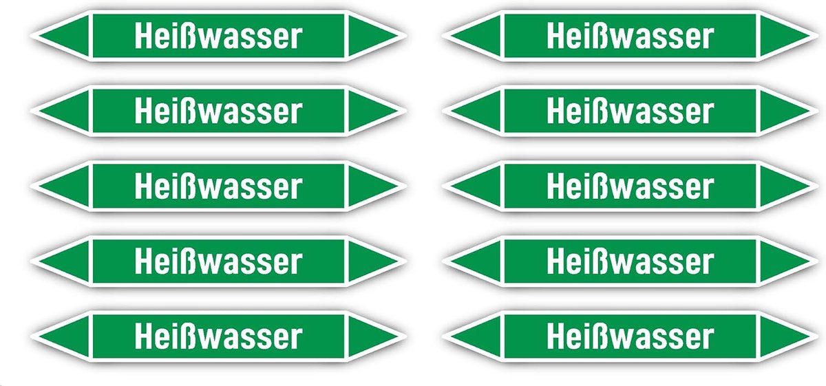 100 x 15 mm, 10 stuks - groep 1 - water - pijpleidingmarkering - volgens DIN 2403 - taal: Duits - heet water