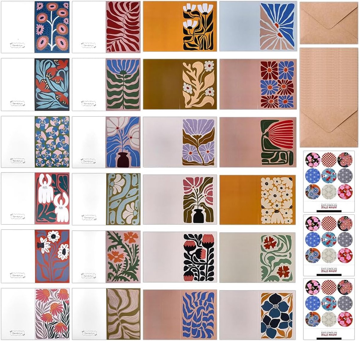 Wenskaarten met 24 enveloppen en 3 vellen stickers, bloemen, lege notitiekaarten, set bloemendesigns, kaart