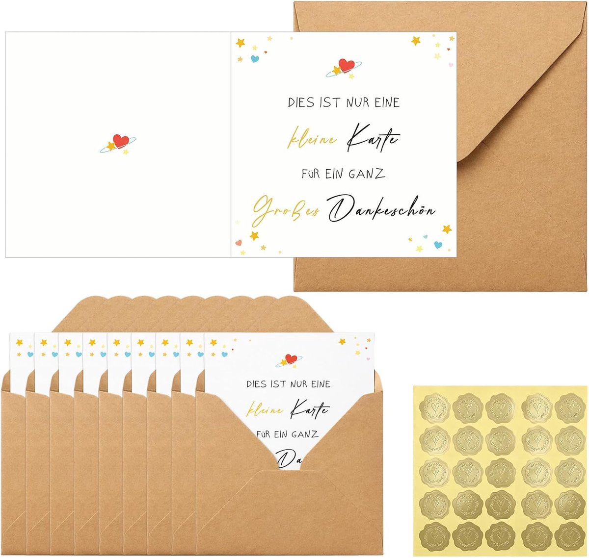 20 stuks bedankkaarten bevatten natuurlijke enveloppen, bedankkaart en gouden stickers voor gelegenheden zoals pensioen, afstuderen, verjaardagen, bruiloften en meer