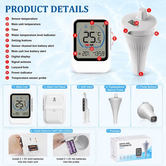 wifi, IP66, drijvende zwembadthermometer, thermometer voor zwembaden, economie, voor zwembaden, ijsbakken en whirlpools — afbeelding 3