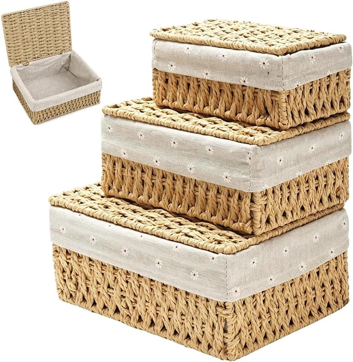Opbergmanden Met Deksel, 3 Stuks, BoHo-Stijl, Geweven Wilgenmanden Met Voering, Rechthoekig, Beige, Voor Slaapkamer, Lade, Keuken, Badkamer