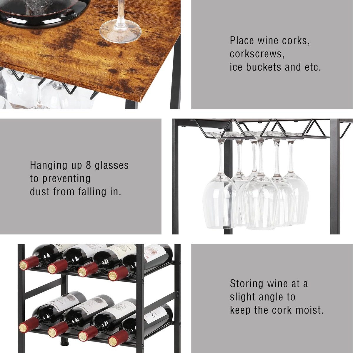 Wijnrek Vrijstaande Vloer Wijnbar Rack met Glazen Houder en Tafelblad 8 Fles Houten Wijntafels Met Rekken 4 Tier Wijnfles Organizer Display Opbergstandaard, Rustiek Bruin — cadeau in Cadeau-ideeën - foto 6