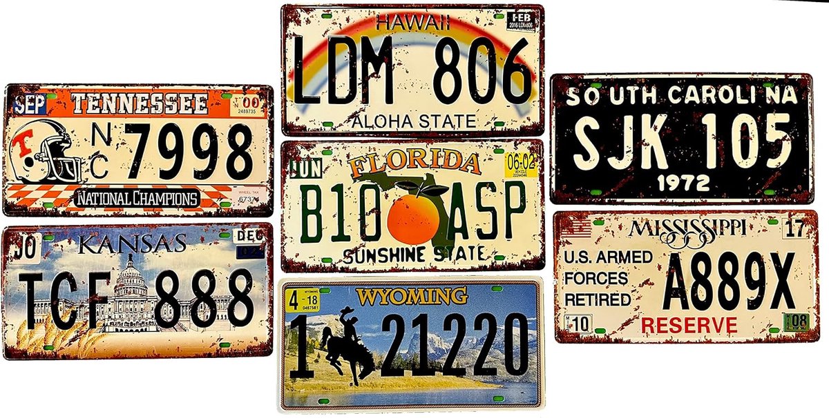 Set van 7 autokentekenplaten Amerikaans vintage retro kenteken VS borden decoratie voor bar café grot man garage of werkplaats 15 x 30 cm (2651-3-4-8-11-19-25-27)