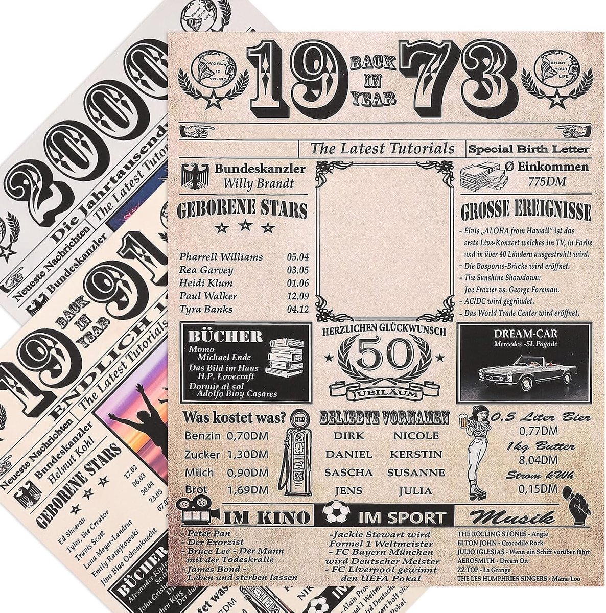 50ste verjaardagskaart, cadeau, verjaardagsdecoratie, verjaardag, set van 3 foto's, vintage poster, zelfpersonaliseerbare grappige geschenken, verjaardagscadeau voor mannen en vrouwen