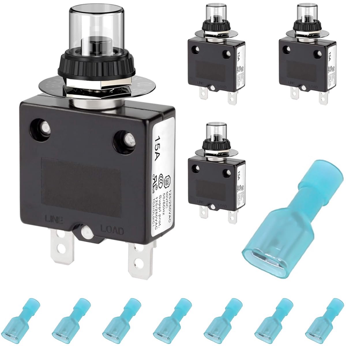 Stroomonderbreker 15A 125-250V AC 50V DC stroomschakelaar drukknop overstroom overbelasting beveiliging met handmatige omstelling - 4 stuks