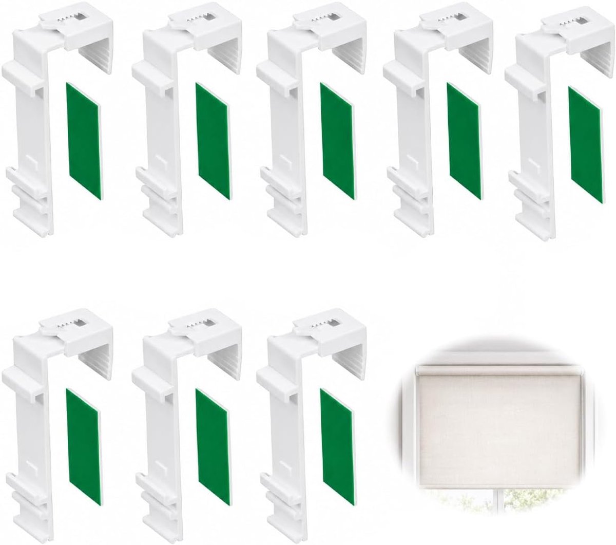 Lang, compatibel met Klemmfix, 8 stuks klemhouders met kleefpads, wit met groene plakstrips, rolgordijnhouder zonder boren, voor plissé, rolgordijn en ramen