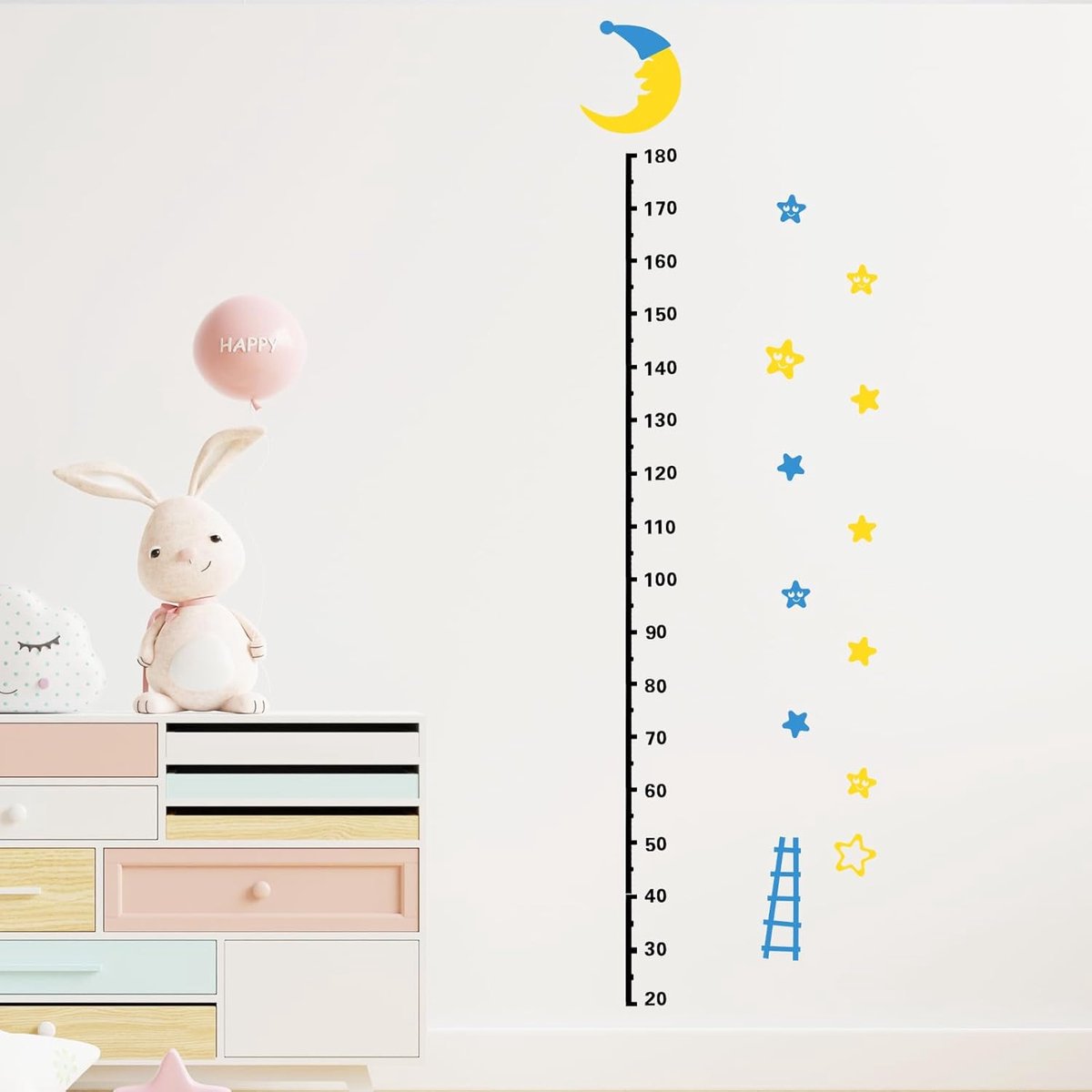 Muurstickers voor kinderen, wandkleed voor kinderen, voor decoratie slaapkamer, kinderkamer, kinderbed met sterren en maanmotieven, nauwkeurige schaal, meisjes en jongens, meethoogte