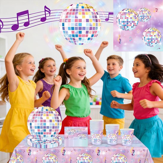 61 delige disco muziekfeest servies set, paars glitter decoratief kleurenschema, verjaardagsfeest decoraties, tafelkleed, papieren bekers, servetten, papieren borden, geschikt voor 20 gasten — afbeelding 4