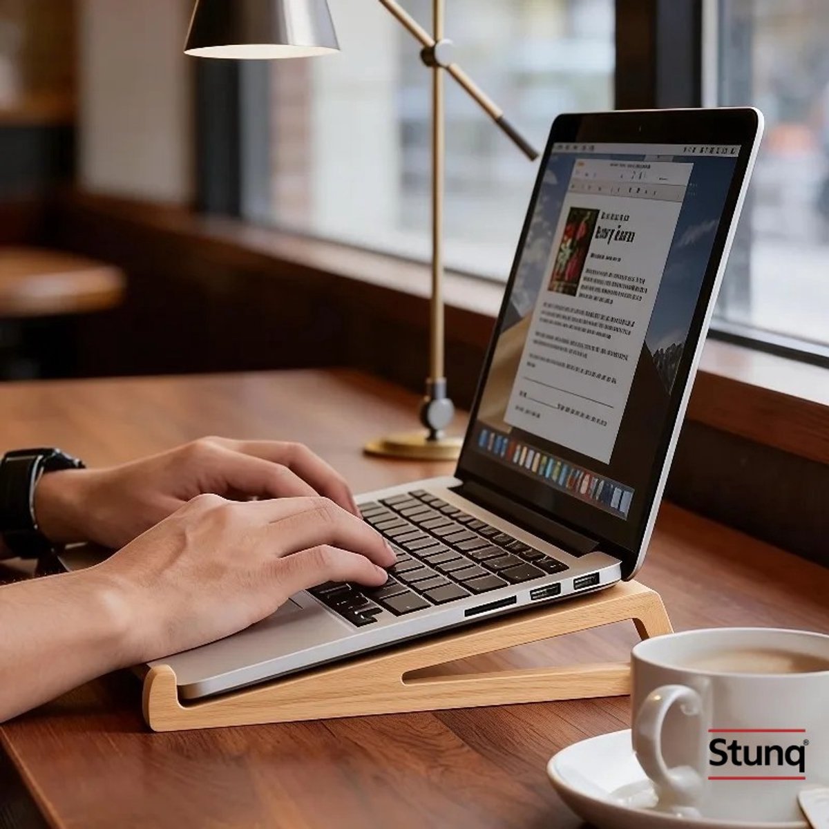 Image of Stunq® Houten Laptopstandaard Set van 2 – Driehoekig, Draagbaar, Ergonomisch