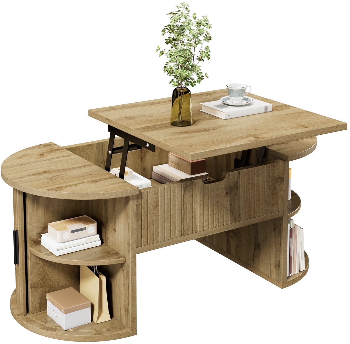 Merax In Hoogte Verstelbare Salontafel Met Opbergruimte - 100 x 50 x 40,5 cm - Ovale Salontafel Met Schuifdeuren En Open Vakken - Eikenkleur Bruin